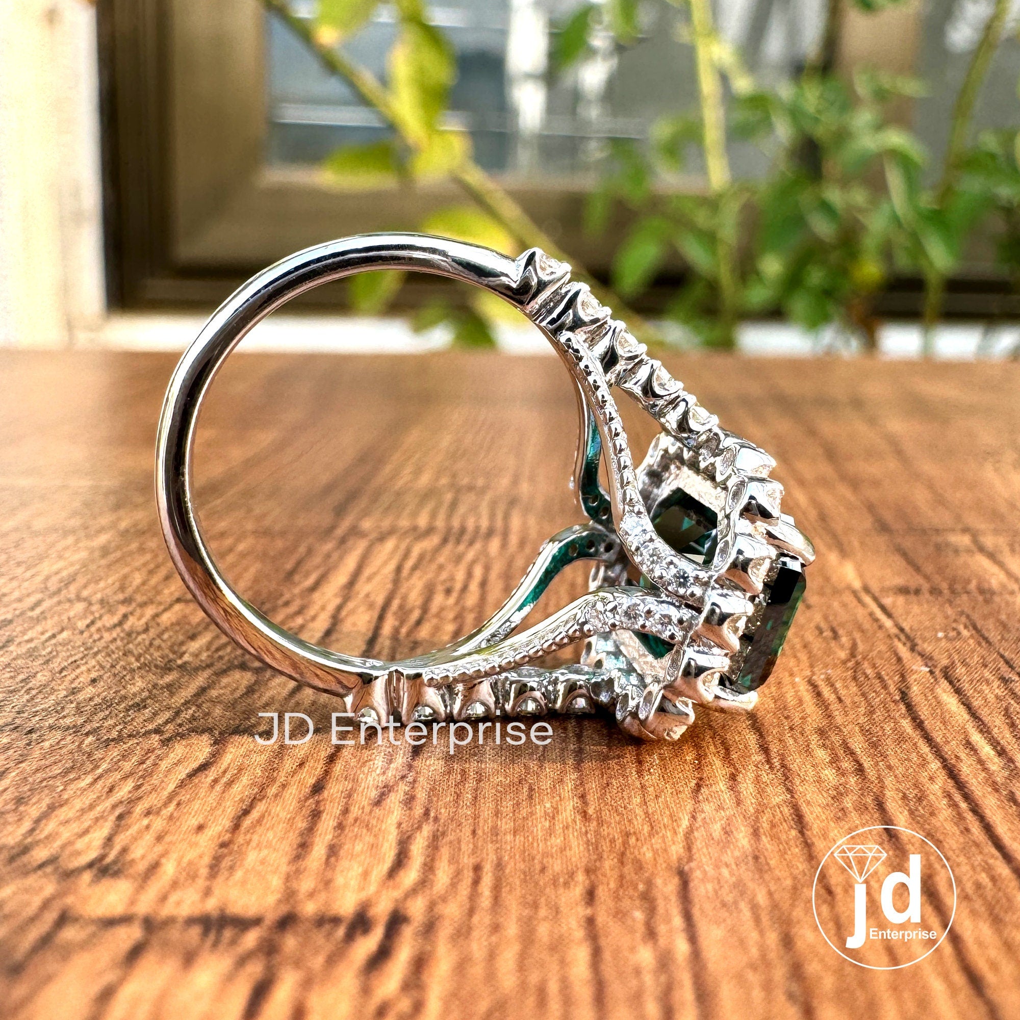 4.87 TCW Emerald Cut Dark Green Moissanite Engagement Ring, Halo Ring, Wedding Ring, Pave Split Shank Ring, Milgrain Ring, Art Deco Ring