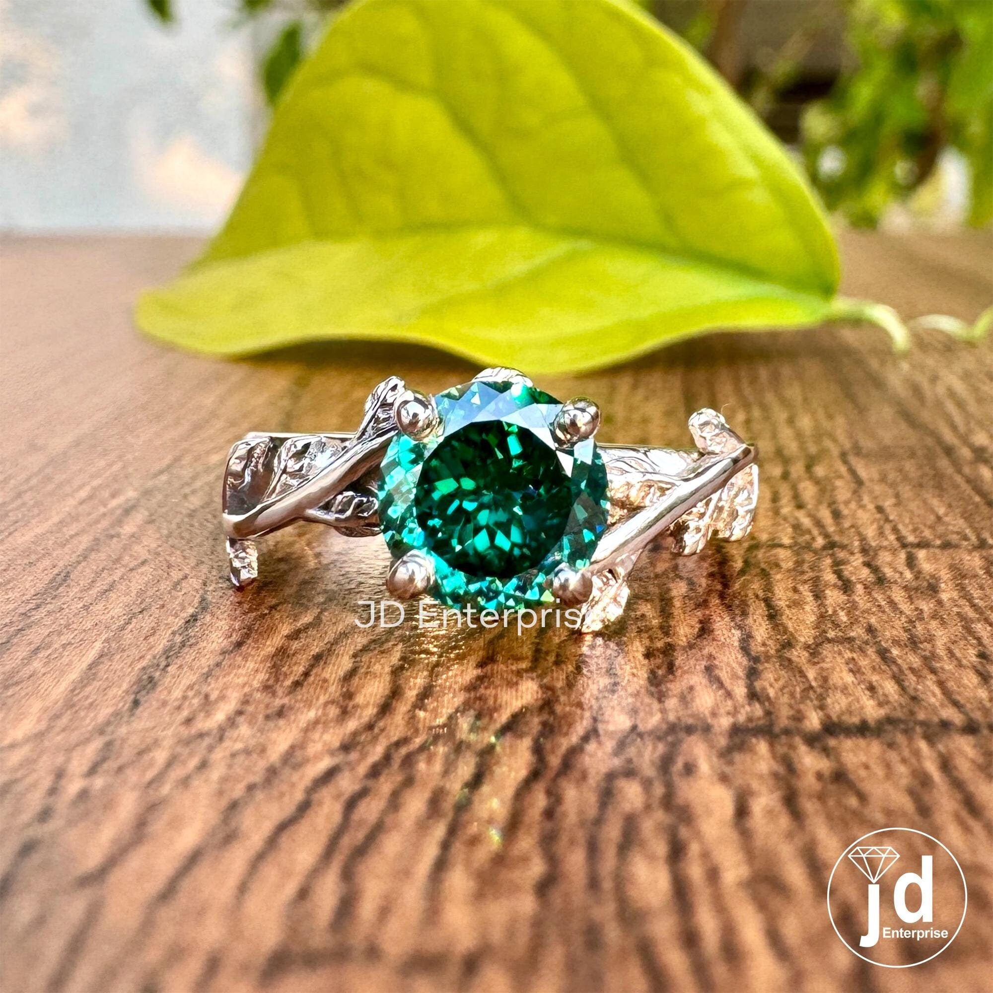 1.25CT Portuguese Cut Green Moissanite Engagement Ring, Vintage Leaf Solitaire Wedding Ring, Nature Inspired Anniversary Gift, Bridal Ring