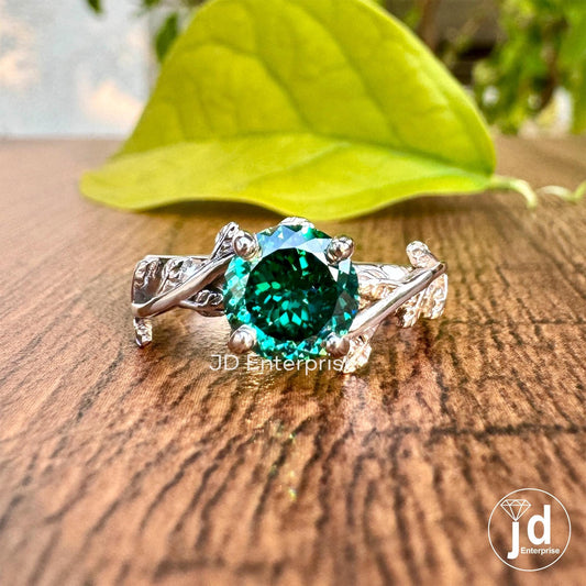1.25CT Portuguese Cut Green Moissanite Engagement Ring, Vintage Leaf Solitaire Wedding Ring, Nature Inspired Anniversary Gift, Bridal Ring