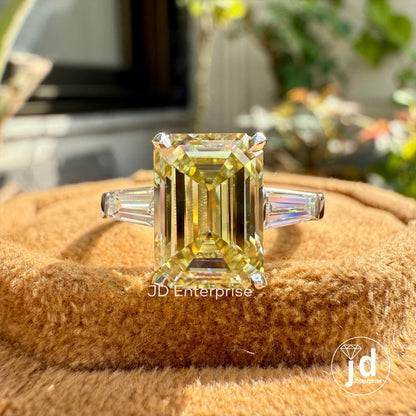 3.00 CT Emerald Cut Canary Yellow Moissanite Engagement Ring, Three Stone Wedding Ring, Side Tapered Baguette, Comfort Fit Anniversary Ring