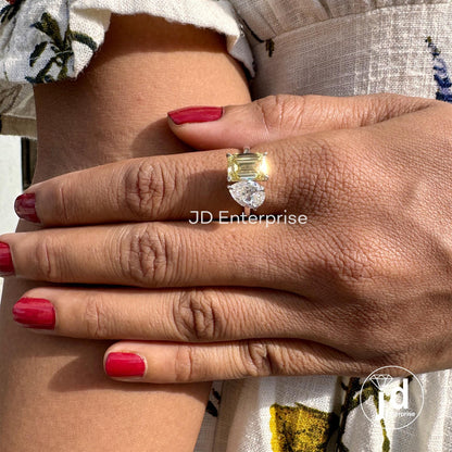 Pear and Emerald Cut Moissanite Engagement Ring, White/Yellow/Rose Gold Wedding Ring, Canary Yellow & Colorless Toi Et Moi Anniversary Ring