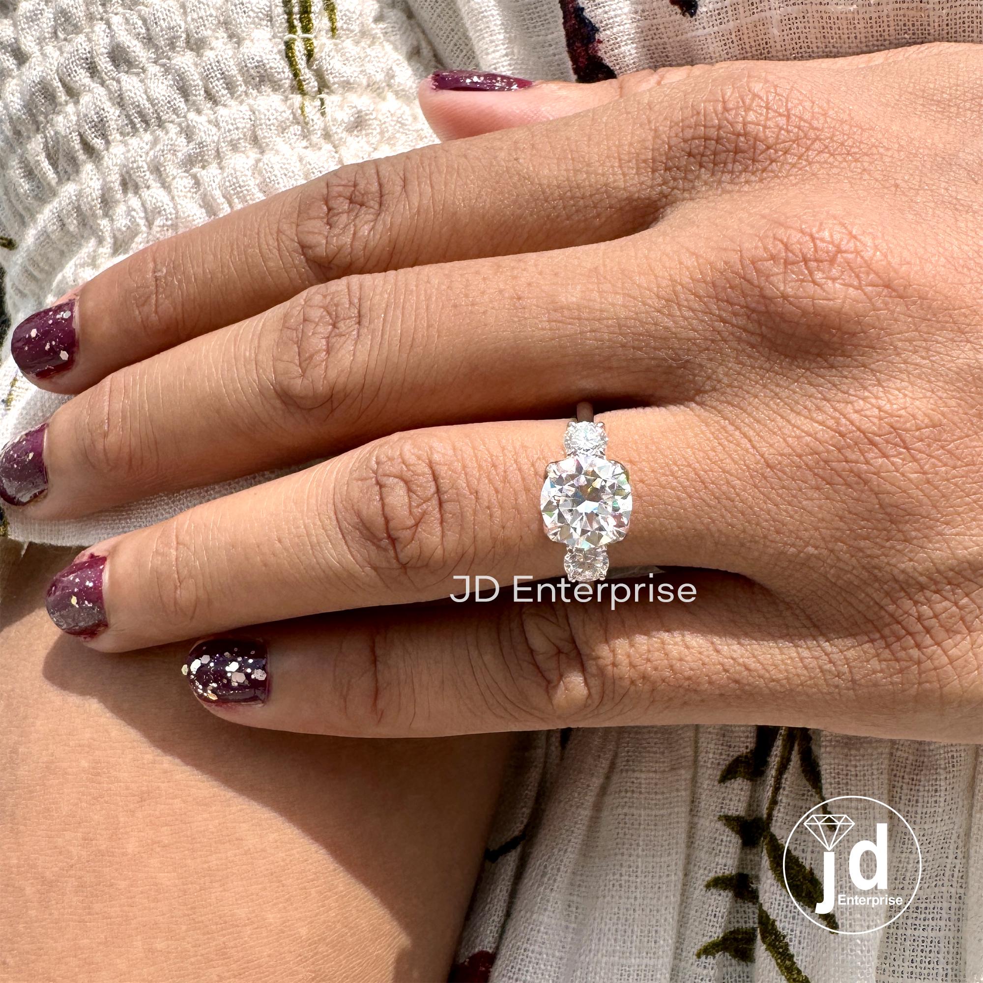 2.36 TW Round Brilliant Colorless Moissanite Ring, Three Stone Engagement Ring, Trellis Setting Wedding Ring, Proposal Ring, Promise Ring