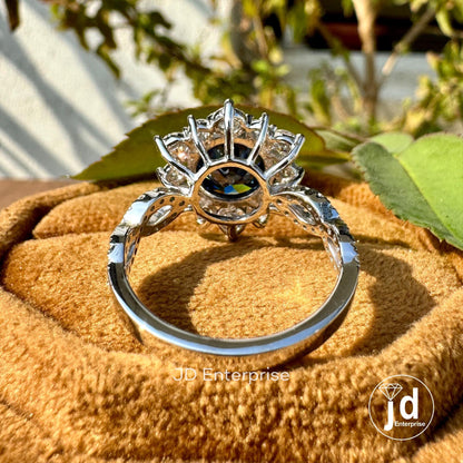 3.50 CTW Round Cut Dark Blue Moissanite Engagement Ring, Vintage Halo Anniversary Ring, Twisted Pave Wedding Ring, Crossover Rings for Women