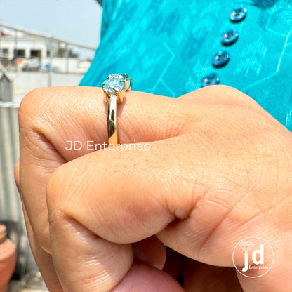 1.40 TCW Round Cut Cyan Blue Moissanite Engagement Ring, Three Stone Wedding Ring, Yellow Gold Promise Ring, Anniversary Gift, Travel Ring