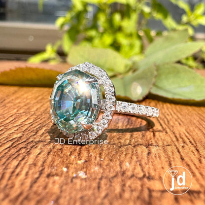 3 CT Bluegreen Moissanite Anniversary Ring, Step Cut Oval Wedding Ring, Halo Engagement Ring, Round Assent Set Bridal Ring, Proposal Ring