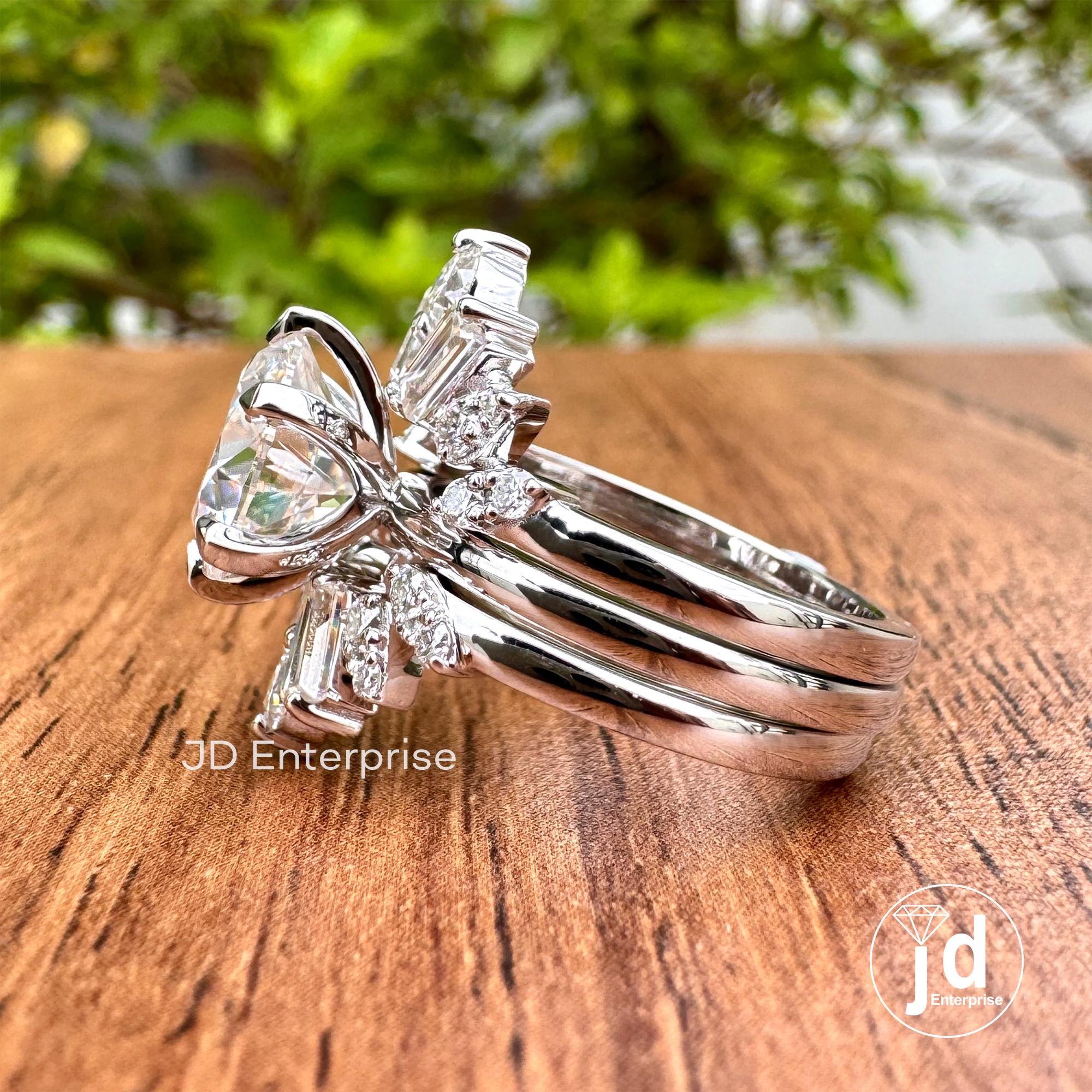 2.50 CT Round Cut Colorless Moissanite Engagement Ring with Baguette and Round Two Matching Wedding Band, Anniversary Set, Trio Bridal Set