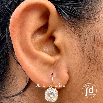 Old Mine Cushion Colorless Moissanite Bridal Earrings, Vintage Solitaire Moissanite Wedding Earrings, Dangle Drop Earrings, Anniversary Gift