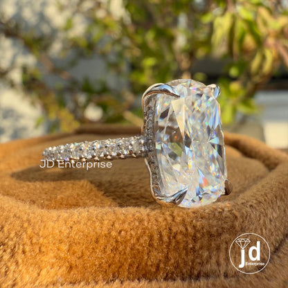 7.00 CT Colorless Elongated Cushion Cut Moissanite Engagement Ring, Three Row Micro Pave Wedding Ring, Hidden Halo Ring, Accent Bridal Ring