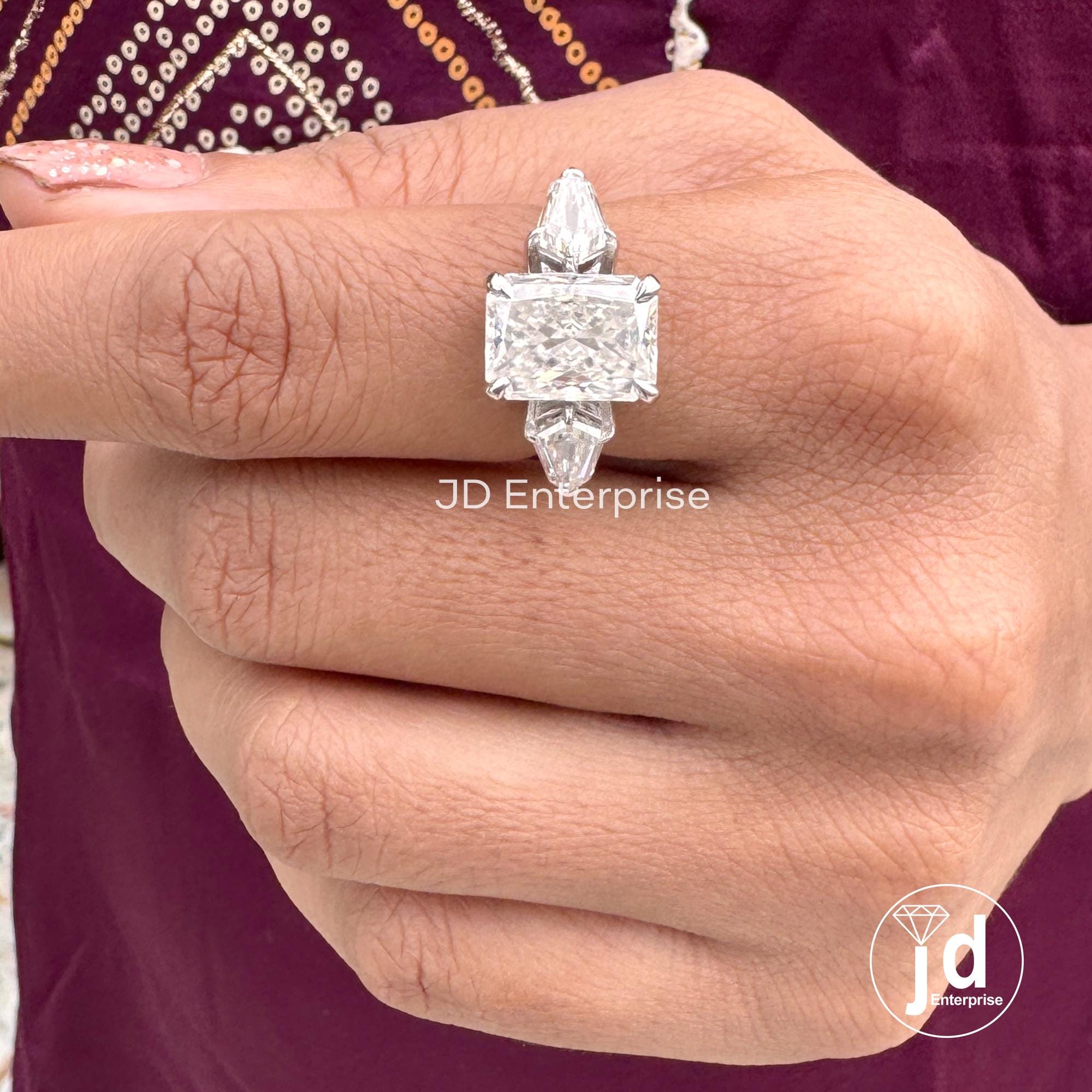 Three Stone Radiant Cut Engagement Ring, 5.65 TW Large Radiant Moissanite Ring, Celebrity Style, Crushed Ice Moissanite, Luxury Wedding Ring