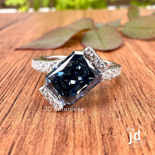 2.50 CT Royal Blue Radiant Cut Moissanite Engagement Ring, Half Halo Wedding Ring, Bypass Shank Anniversary Ring, Pave Set Bridal Ring