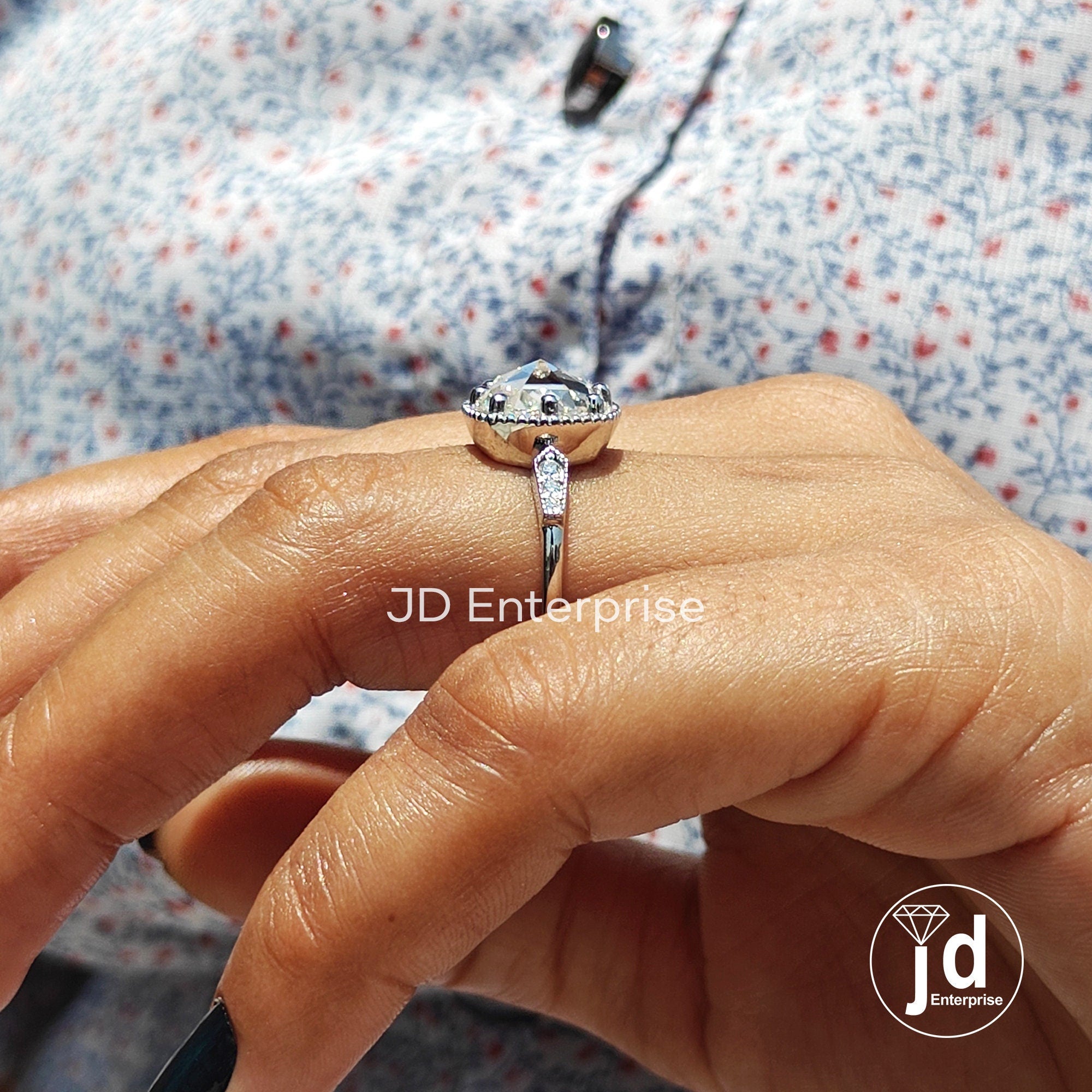 3.00 CT Antique Rose Cut Cushion Moissanite Engagement Ring, Milgrain Ring, Wedding Ring, Pave Basket Set Art Deco Ring, Anniversary Ring