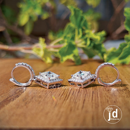 2.60 TW Princess Cut Moissanite Dangle and Drop Earrings, Halo Wedding Earrings, Lever Back Earrings for Women, Bridal Set, Anniversary Gift