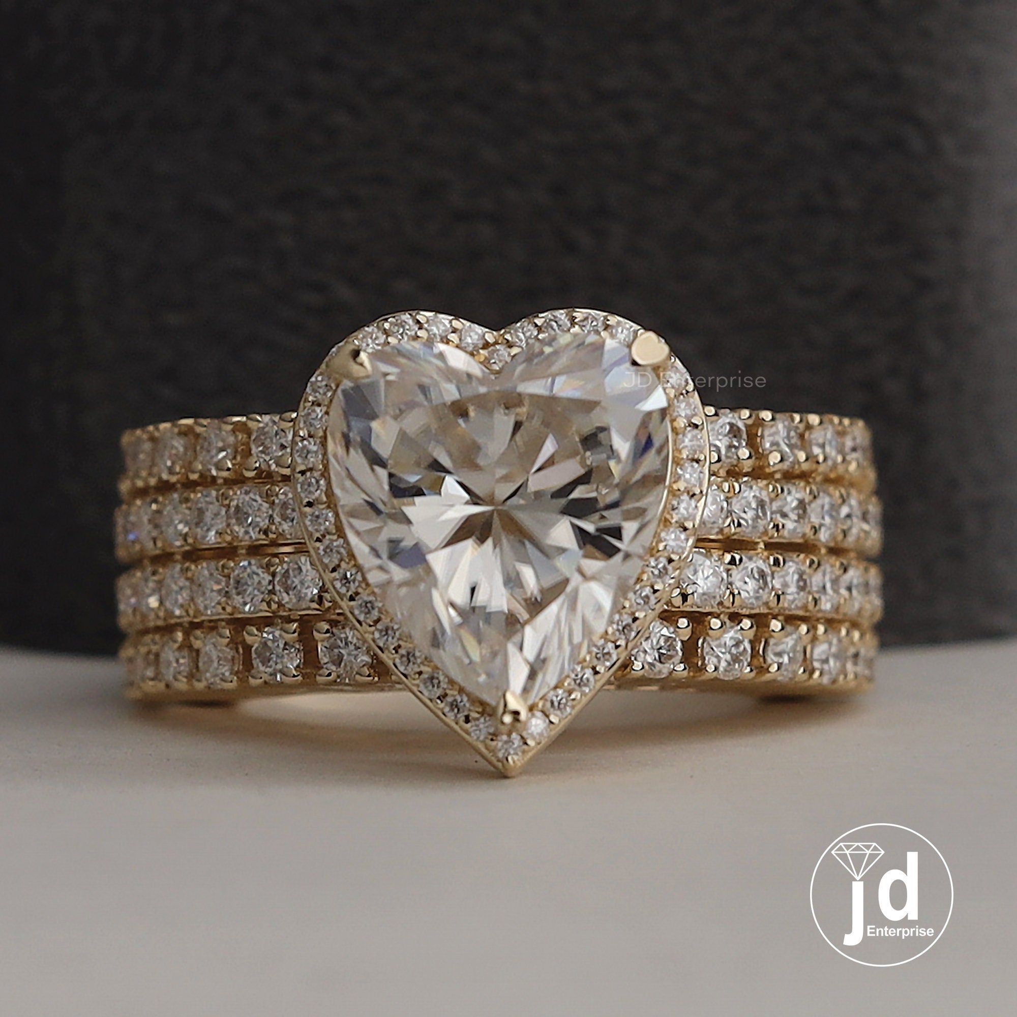 6.00 CT Colorless Heart Shape Moissanite Halo Engagement Ring, Tulip Basket Set Wedding Ring, Four Row Pave Accent Ring, Yellow Gold Ring