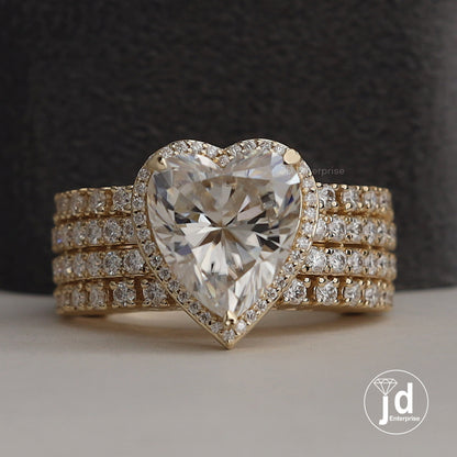 6.00 CT Colorless Heart Shape Moissanite Halo Engagement Ring, Tulip Basket Set Wedding Ring, Four Row Pave Accent Ring, Yellow Gold Ring