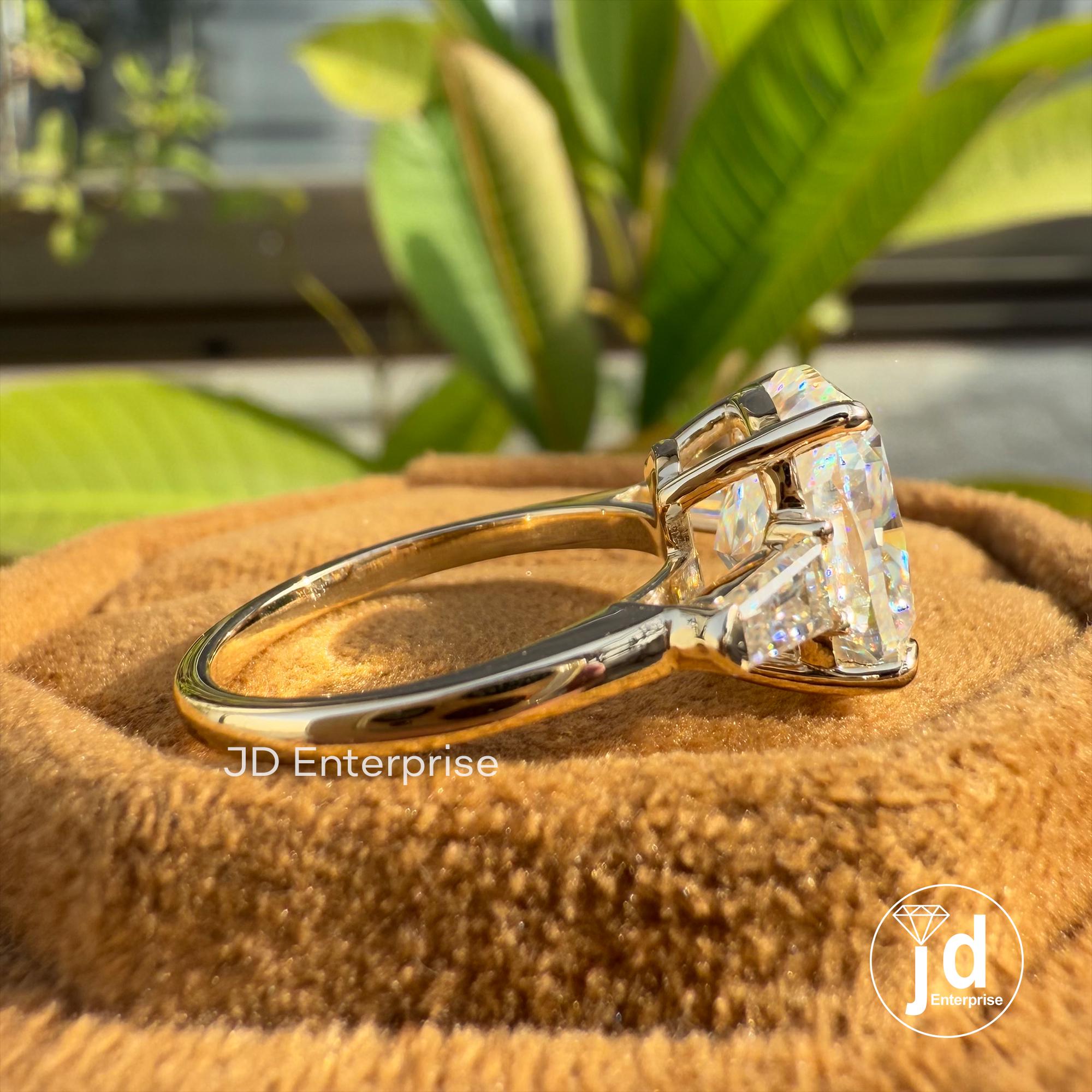 Cushion Cut Moissanite Engagement Ring, Three Stone Wedding Ring, Tapered Baguette Cocktail Ring, 3 Stone Trilogy Ring, Anniversary Gifts