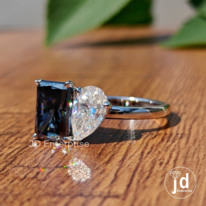 Toi Et Moi Ring, 3.61 TW Radiant and Pear Moissanite Ring, Two Stone Engagement Ring, Wedding Ring, Anniversary Gift for Her, Bridal Set