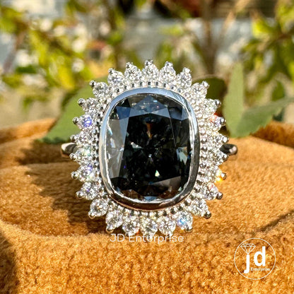 2.50 CT Cushion Cut Grey Moissanite Engagement Ring, Milgrain Bezel Set Ring, Halo Moissanite Wedding Ring, Bridal Ring, Anniversary Ring