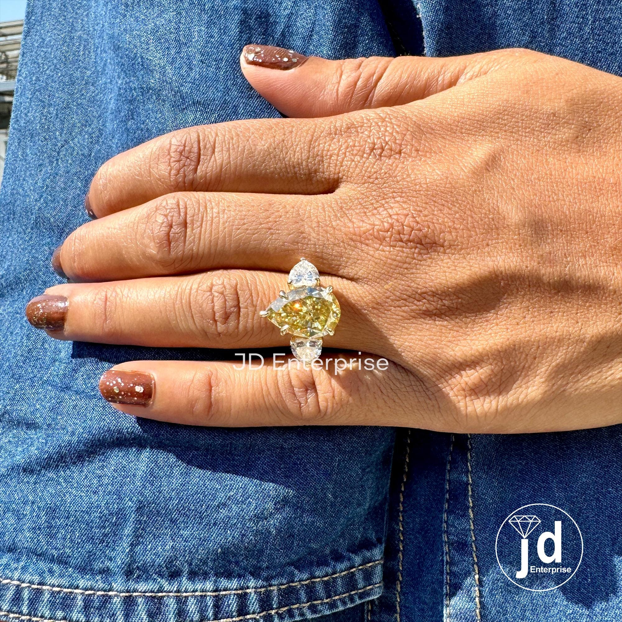 7.80 TCW Pear Cut Canary Yellow Moissanite Engagement Ring, Three Stone Wedding Ring with Heart Accents, 10k/14k/18k Yellow Gold Bridal Ring
