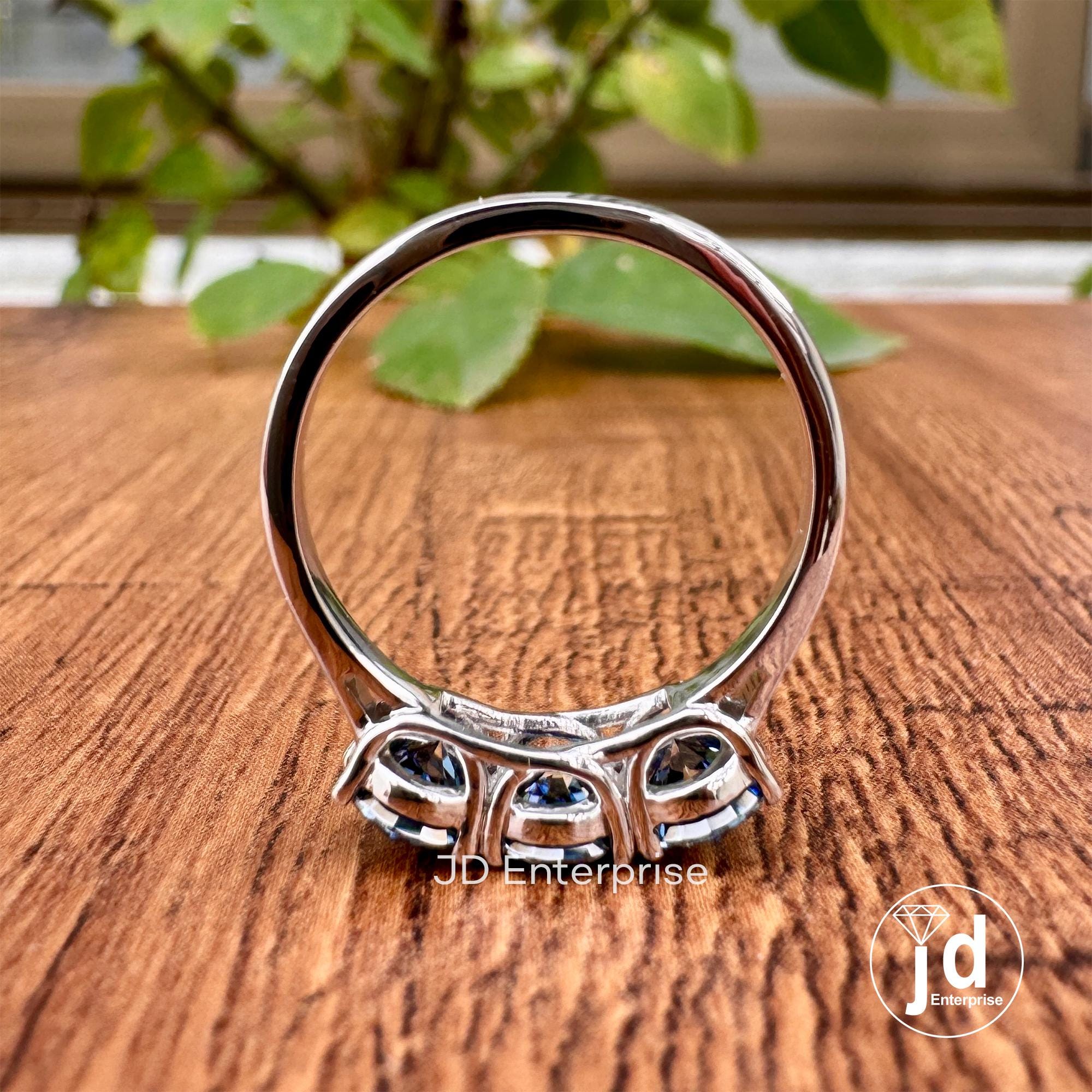 1.50 TCW Round Cut Antique Dark Blue Moissanite Engagement Ring, Three Stone Ring, White Gold Promise Ring, Wedding Ring, Anniversary Gift