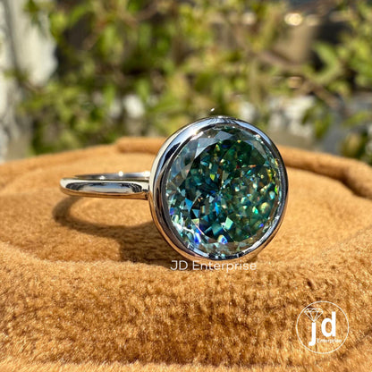 Antique 4.00 CT Portuguese Cut Greenish Blue Moissanite Engagement Ring, Bezel Set Solitaire Wedding Ring for Women, Anniversary Gifts Ring