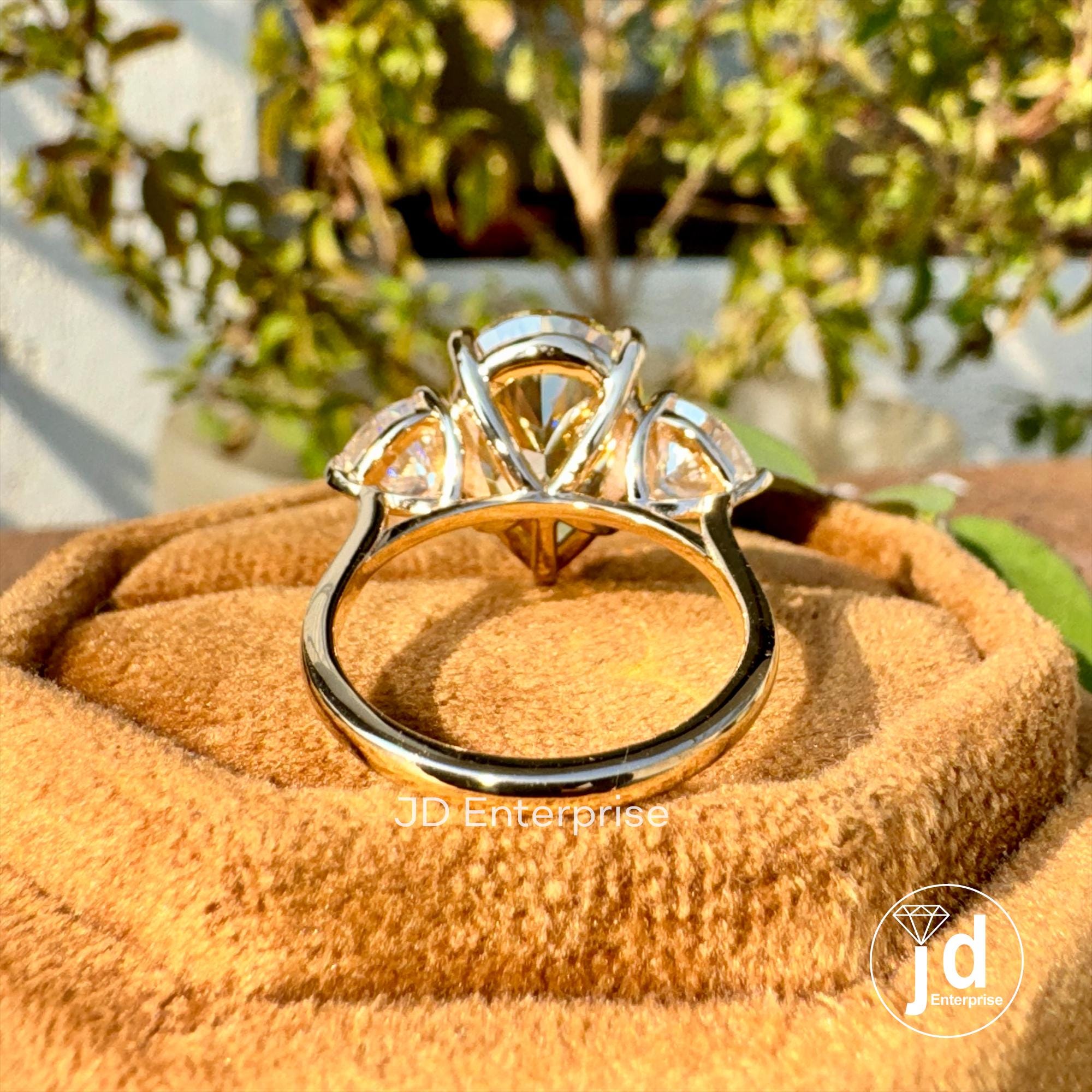 7.80 TCW Pear Cut Canary Yellow Moissanite Engagement Ring, Three Stone Wedding Ring with Heart Accents, 10k/14k/18k Yellow Gold Bridal Ring