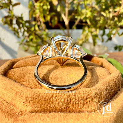 7.80 TCW Pear Cut Canary Yellow Moissanite Engagement Ring, Three Stone Wedding Ring with Heart Accents, 10k/14k/18k Yellow Gold Bridal Ring