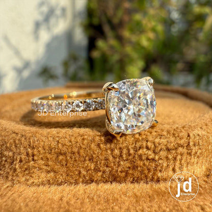 Cushion Moissanite Engagement Ring with Pave Cathedral Shank Setting, Wedding Ring for Her, Anniversary Gifts, Handmade Yellow Gold Ring