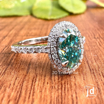 1.00 CT Blue Color Oval Cut Engagement Ring, Halo - Hidden Halo Moissanite Wedding Ring, Bridge Accent Ring, Anniversary Gifts