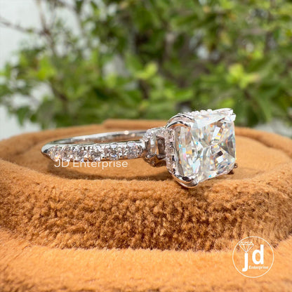 3.06 TW Radiant Cut Moissanite Engagement Ring, East to West Set Double Prong, Hidden Halo Wedding Ring, Bridge Pave Set Anniversary Gift