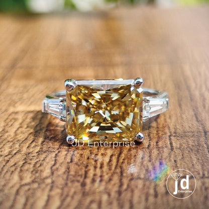 Three Stone Wedding Ring, 5.50 TCW Radiant Cut Canary Yellow Moissanite Engagement Ring, East to West Set Anniversary Ring, Promise Ring