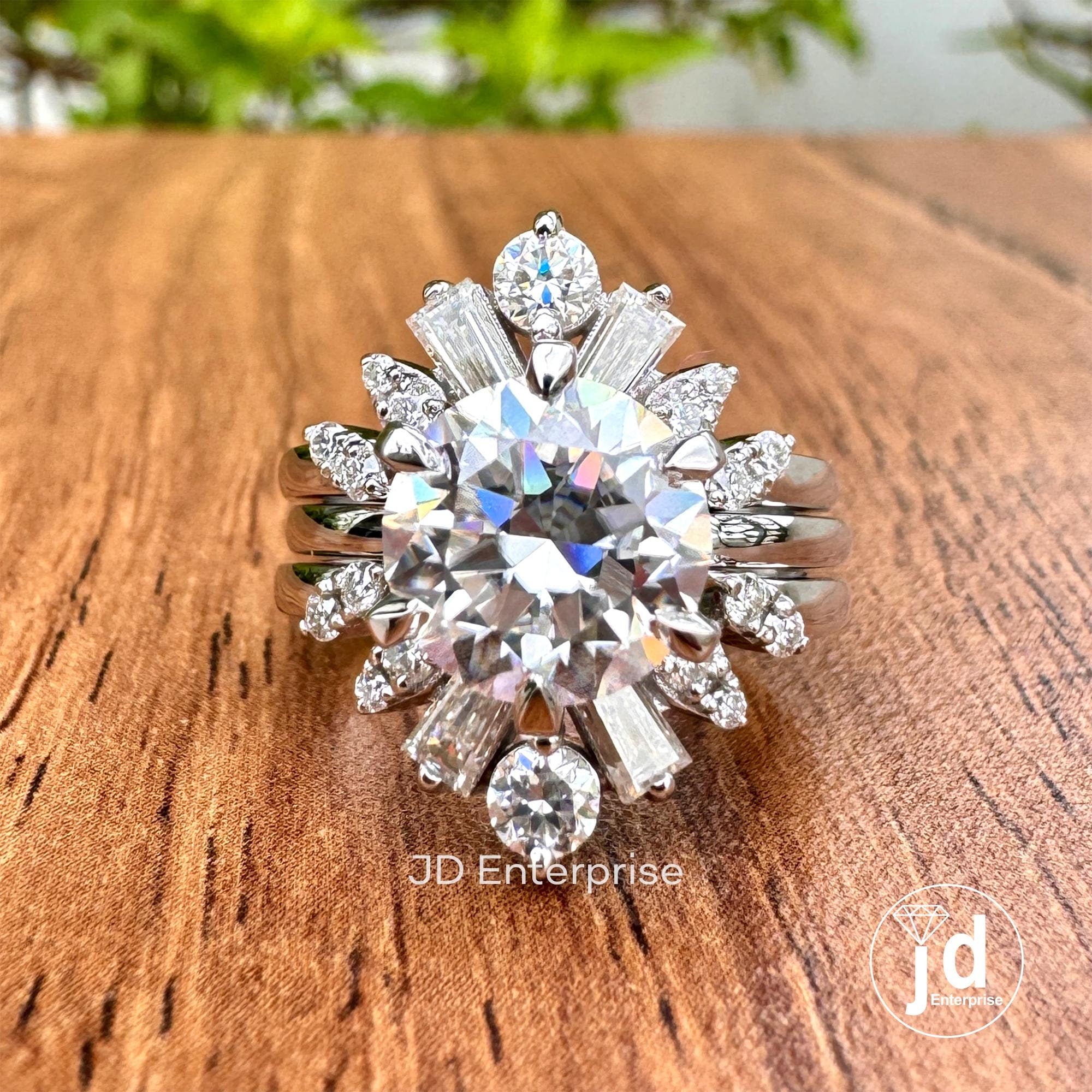 2.50 CT Round Cut Colorless Moissanite Engagement Ring with Baguette and Round Two Matching Wedding Band, Anniversary Set, Trio Bridal Set