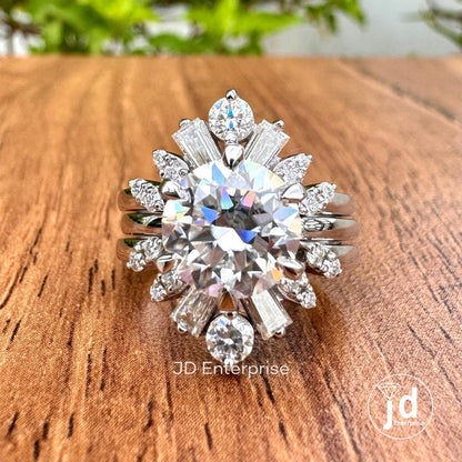 2.50 CT Round Cut Colorless Moissanite Engagement Ring with Baguette and Round Two Matching Wedding Band, Anniversary Set, Trio Bridal Set