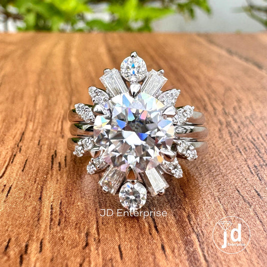 2.50 CT Round Cut Colorless Moissanite Engagement Ring with Baguette and Round Two Matching Wedding Band, Anniversary Set, Trio Bridal Set