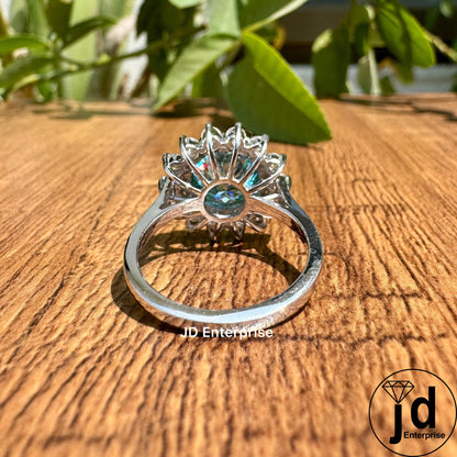 2.25 carat Cyan Blue Portuguese Cut Moissanite Engagement Ring, Antique Halo Ring for Women, Floral Style Wedding Ring, Bespoken Ring