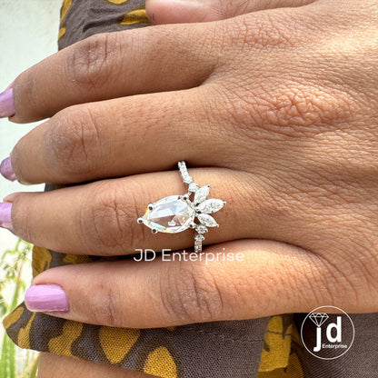 1.50 CT Colorless Rose Cut Pear Moissanite Vintage Ring, With Marquise Cut Curved Band, Solitaire Pear Wedding Ring, Solid Gold Bridal Ring