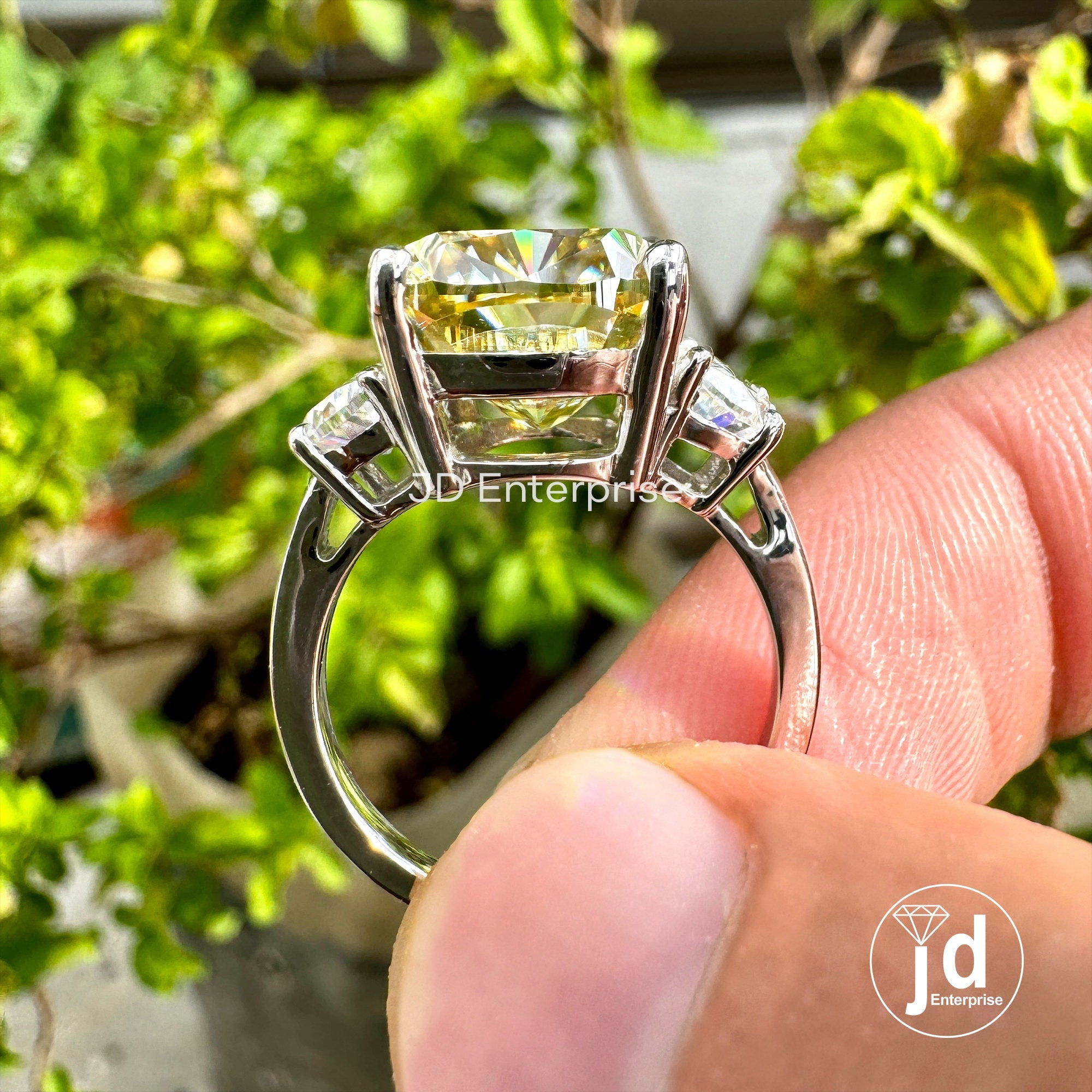 9.30 TW Cushion Cut Canary Yellow Moissanite Ring, Three Stone Engagement Ring, Side Half Moon Cut, Wedding Ring, Elongated Cushion Cut