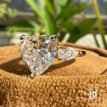 3.00 CT Heart Shape Colorless Moissanite Engagement Ring, Three Stone Wedding Ring, Side Stone Pear Cut, Anniversary Gifts Ring for Women