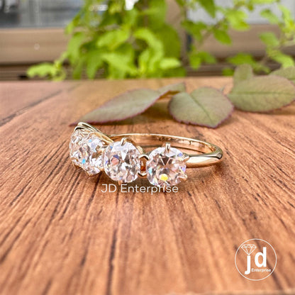 5.00TCW Old Mine Cushion Moissanite Engagement Ring, Old Mine Moissanite Five Stone Wedding Band, Vintage Style Yellow Gold Anniversary Ring