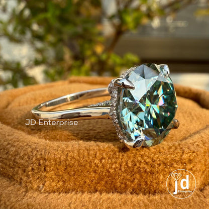 6.50 CT Sparkling Round Cut Cyan Blue Moissanite Engagement Ring, Hidden Halo Ring, Petite Pave Wedding Ring, Anniversary Gift Ring