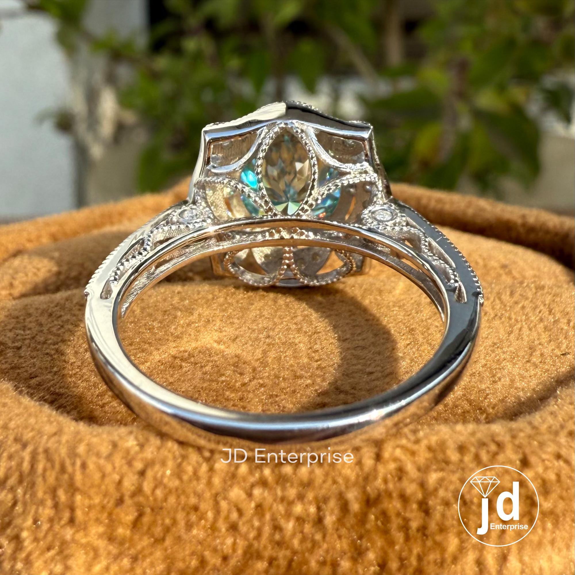 2.50 CT Cyan Blue Portuguese Halo Engagement Ring, Art Deco Wedding Ring, Nature Inspired Floral Ring, Vintage Filigree Anniversary Ring