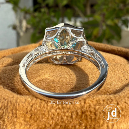2.50 CT Cyan Blue Portuguese Halo Engagement Ring, Art Deco Wedding Ring, Nature Inspired Floral Ring, Vintage Filigree Anniversary Ring