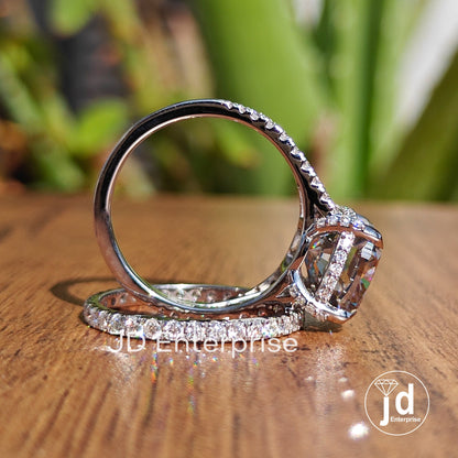 5.00 CT Cushion Cut Light Grey Moissanite Engagement Ring, Hidden Halo Wedding Set, Bridal Set, Eternity Band, Pave Split Shank Ring for Her