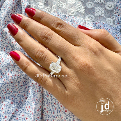 3.20 TW Elongated Cushion Moissanite Ring, Three Stone Engagement Ring, Side Tapered Baguettes Wedding Ring, Pave Set Propose Ring for Women