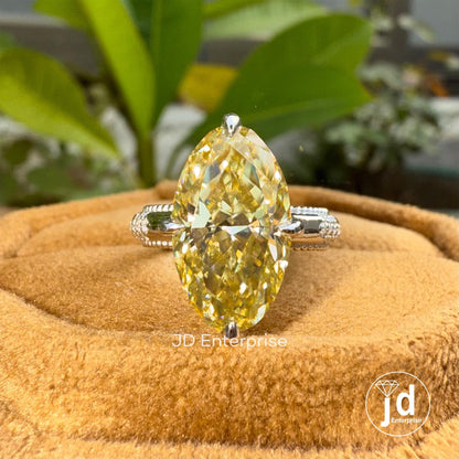 Canary Yellow Moissanite Engagement Ring, 4.00 CT Antique Elongated Oval Wedding Ring, Hidden Halo Milgrain Ring, Anniversary Gift Ring