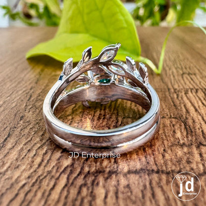 1.25 CT Portuguese Cut Green Moissanite Wedding Ring Set, Vintage Leaf Engagement Ring Set, Nature Inspired Anniversary Matching Band
