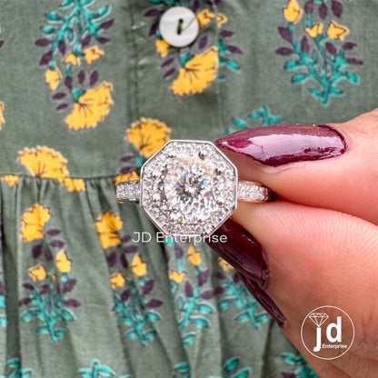 1.50 CT Portuguese cut Colorless Moissanite Engagement Ring, Halo Wedding Ring, Side Stone Round Pave Ring, Octagon Shape Bridal Ring