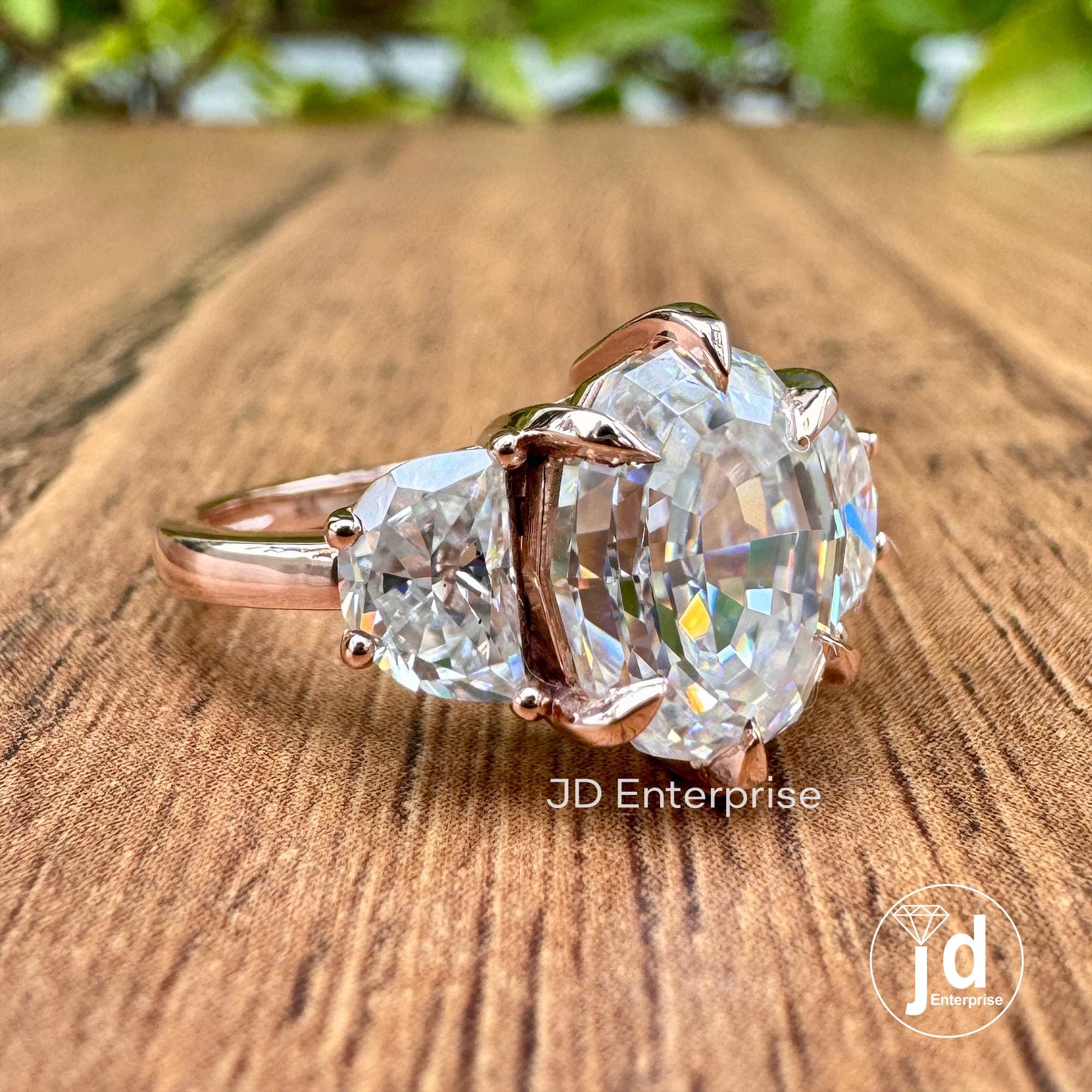 4.10 TCW Oval Step Cut & Half Moon Moissanite Engagement Ring, Three Stone Wedding Ring, 10k Rose Gold Ring for Women, Six Prong Bridal Ring