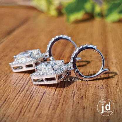 2.60 TW Princess Cut Moissanite Dangle and Drop Earrings, Halo Wedding Earrings, Lever Back Earrings for Women, Bridal Set, Anniversary Gift