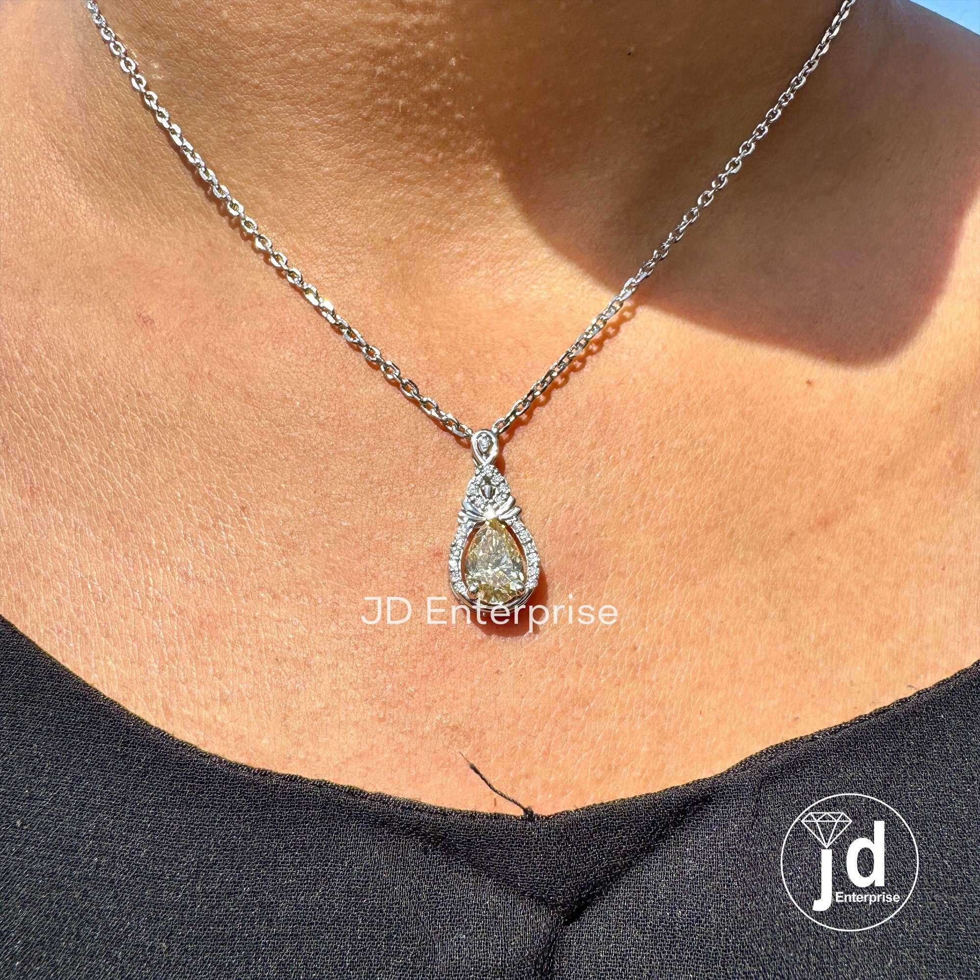 Canary Yellow Moissanite Charm Pendant Necklace, 1.50 CT Pear Cut Cluster Halo Wedding Necklace, Engagement/Anniversary/Birthday Gifts