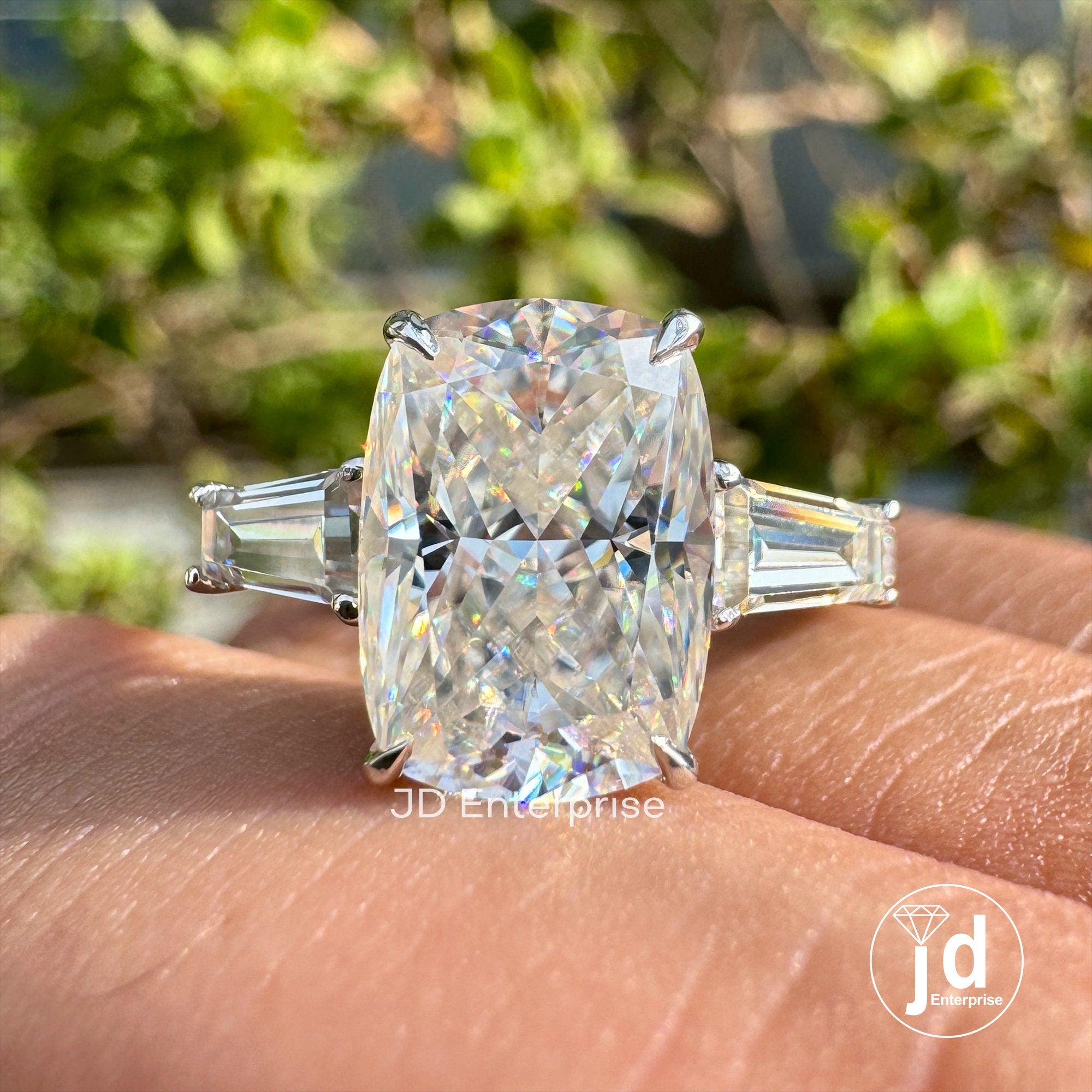 3.20 TW Elongated Cushion Moissanite Ring, Three Stone Engagement Ring, Side Tapered Baguettes Wedding Ring, Pave Set Propose Ring for Women